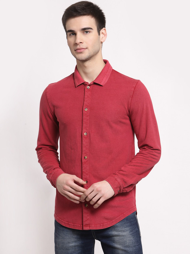 YOONOY Men Washed Casual Maroon Shirt 