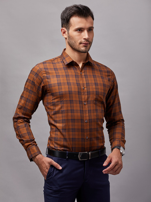 Buy OXEMBERG Men Checkered Formal Brown 