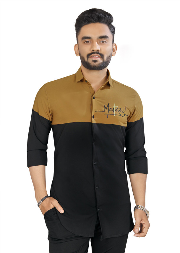 Color Block Casual Black, Yellow Shirt 