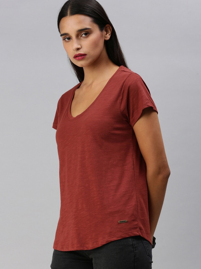Roadster Solid Women V Neck Red T-Shirt 