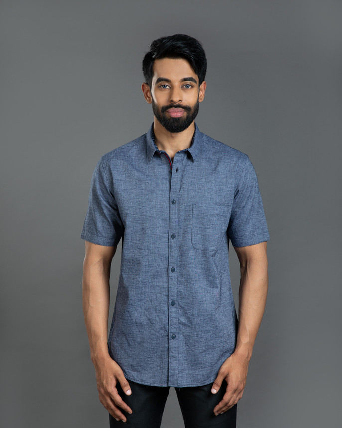 Ecses Men Solid Casual Dark Blue Shirt 
