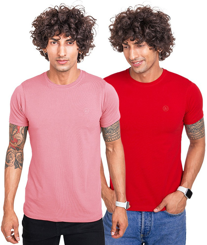 Zulements Solid Men Round Neck Pink 