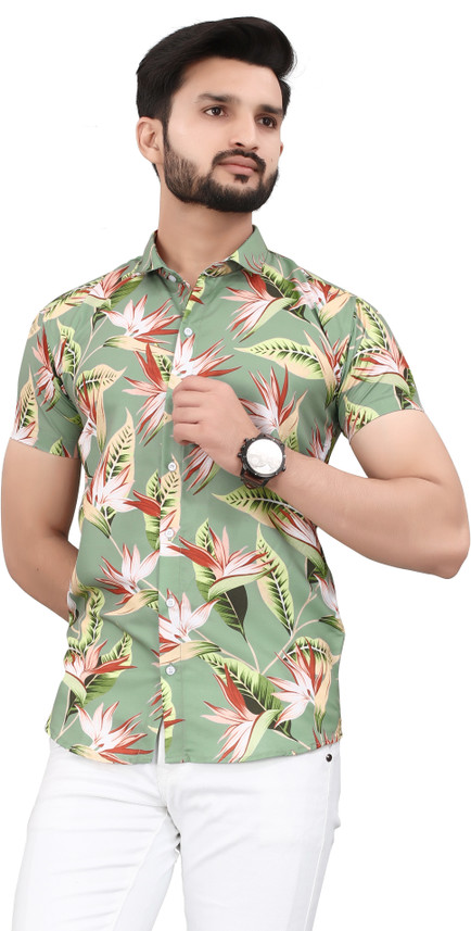 HSA Men Floral Print Party Green Shirt 