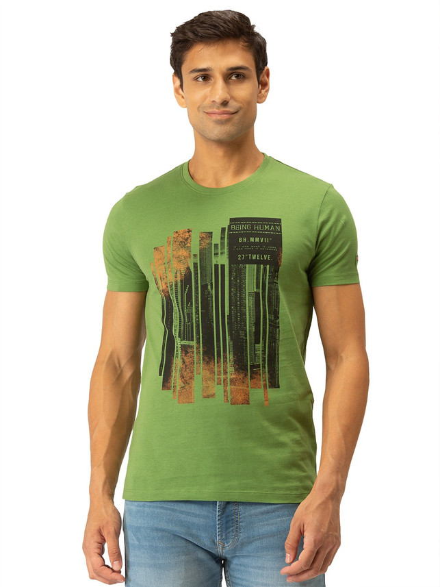BEING HUMAN Solid Men Round Neck Green 