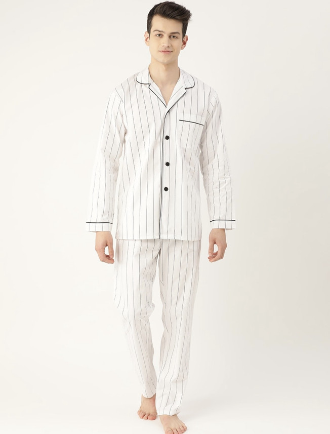 SK Men Striped White Shirt \u0026 Pyjama set 
