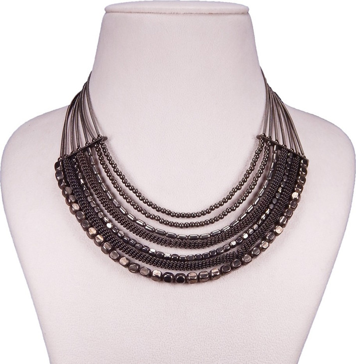 Multi Strand Black Metal Necklace 