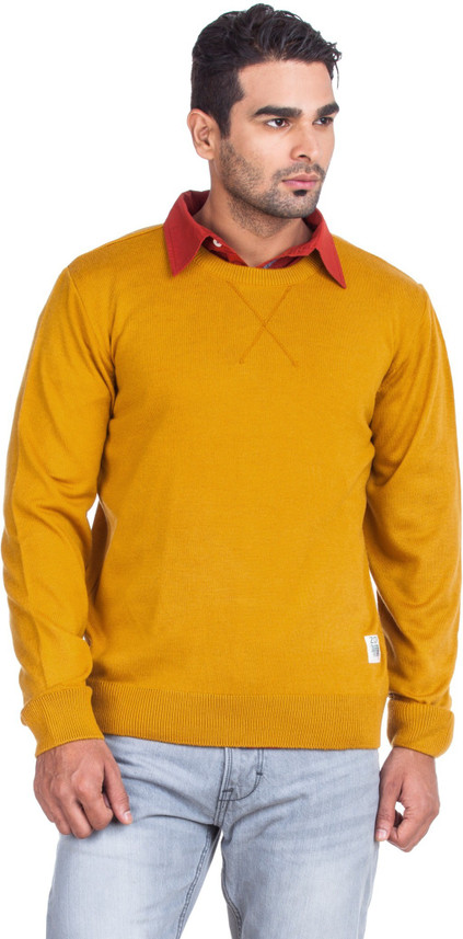 ZOVI Solid Round Neck Casual Men Yellow 