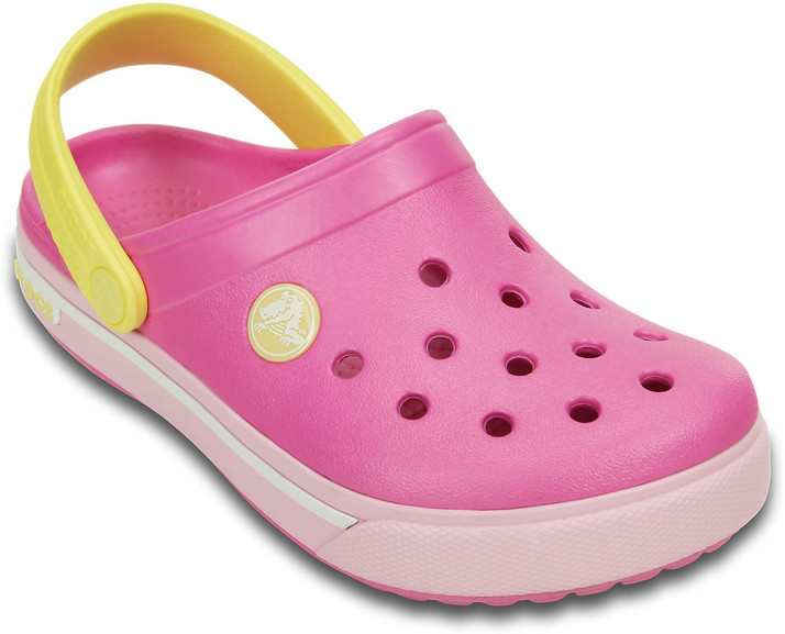yellow and pink crocs