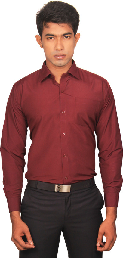 Line Men Solid Formal Maroon Shirt 