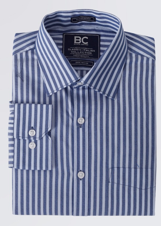 blue and white striped formal shirt