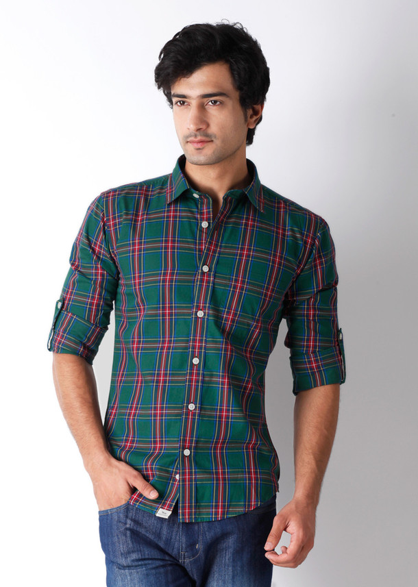 MUNERO Men Checkered Casual Green Shirt 