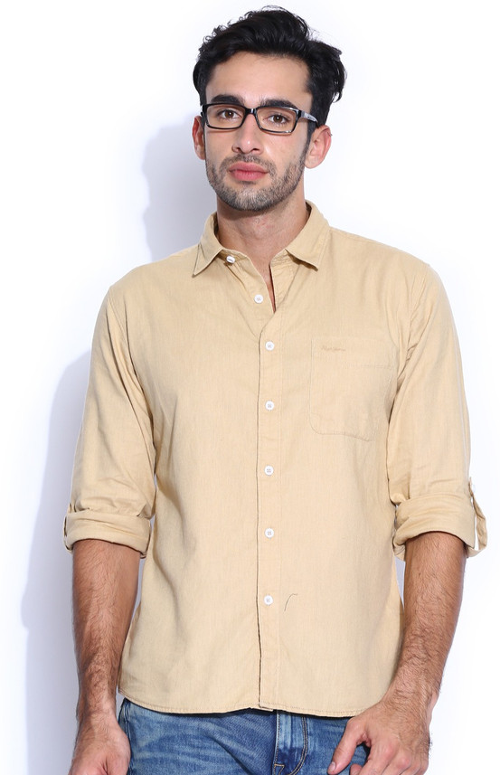Pepe Jeans Men Solid Casual Beige Shirt 