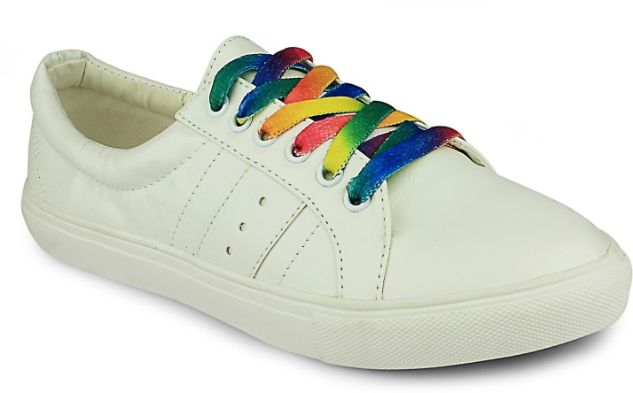 white sneakers with rainbow laces