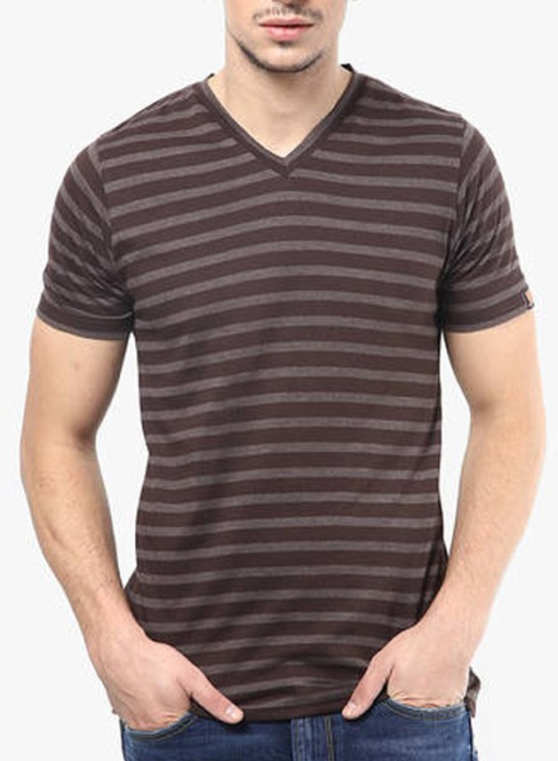 CHROMOZOME Striped Men V-neck Brown T 