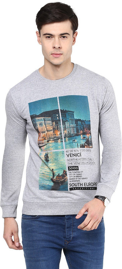 ELABORADO Printed Men Round Neck Grey T 