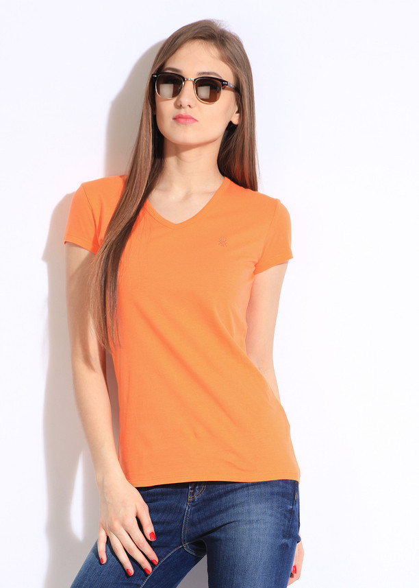 Benetton Solid Women V-neck Orange 