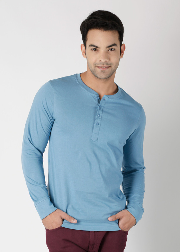 FREECULTR Solid Men Henley Blue T-Shirt 