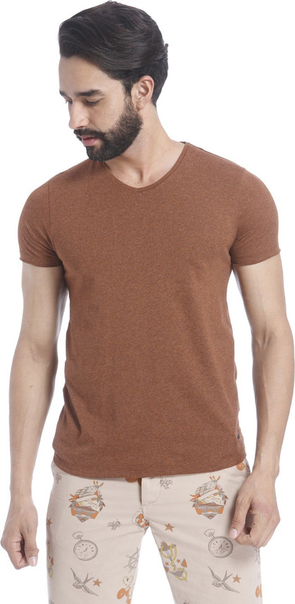 JONES Solid Men V-neck Brown T-Shirt 
