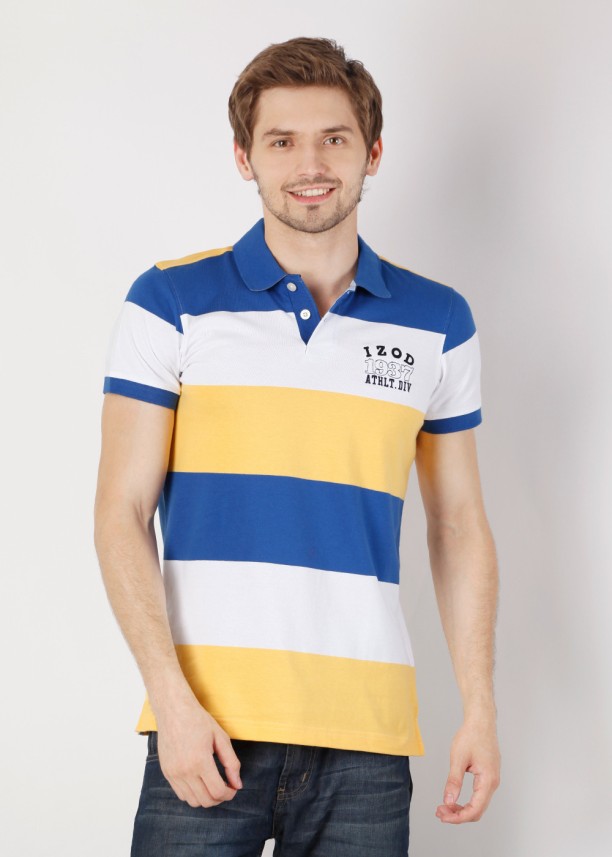 blue and yellow striped polo shirt