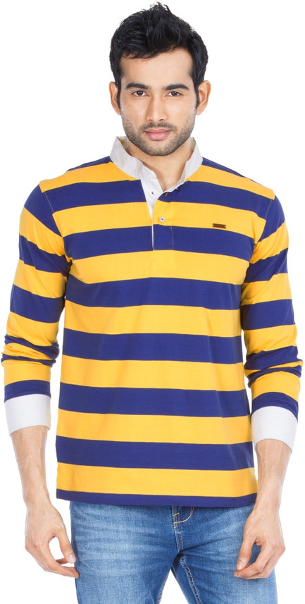 ZOVI Striped Men Polo Neck Blue, Yellow 