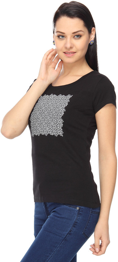 MAX Printed Women Round Neck Black T 