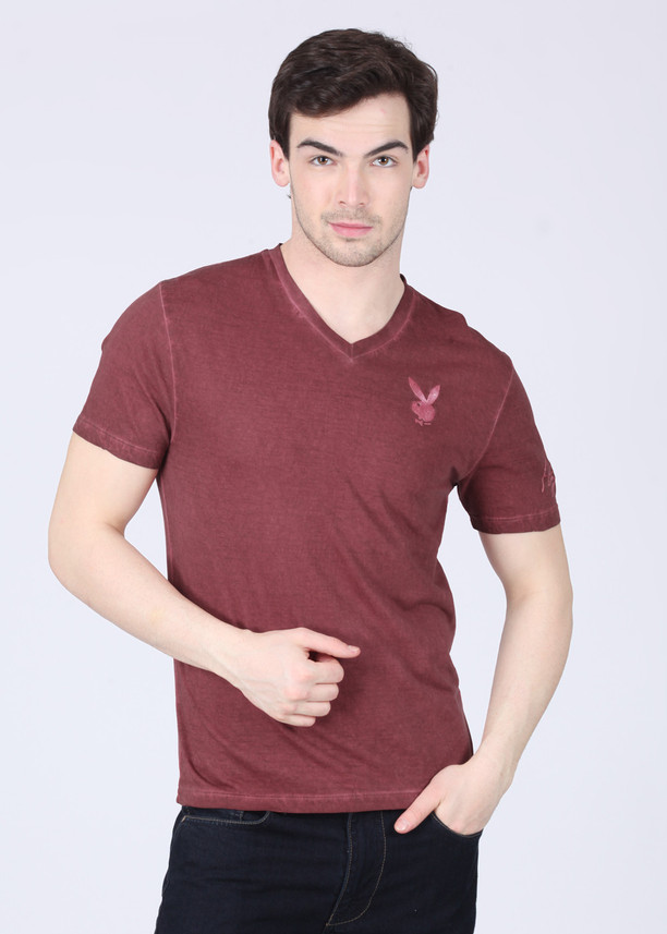 PLAYBOY Solid Men V-neck Maroon T-Shirt 