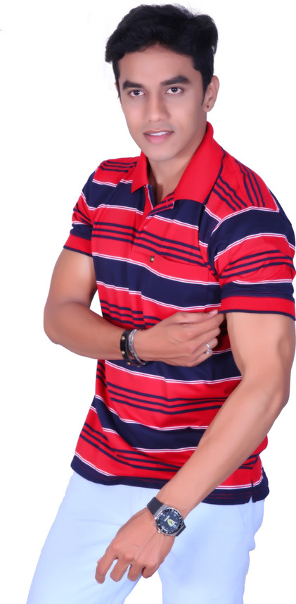 Cotton King Striped Men Polo Neck 
