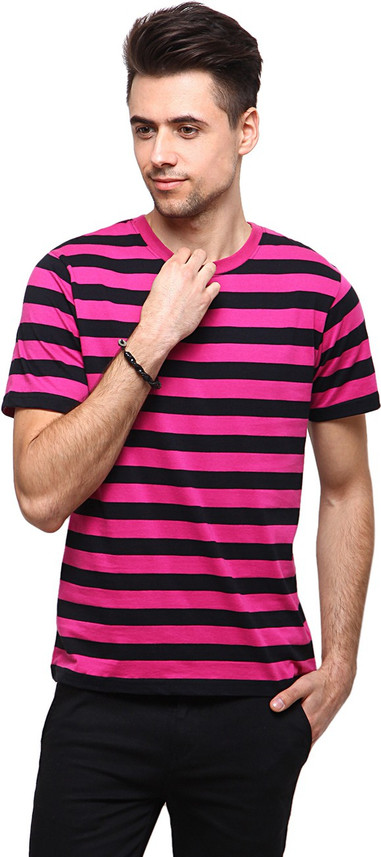 YEPME Striped Men Pink, Black T-Shirt 