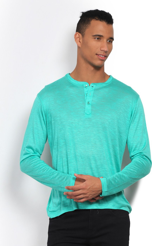 FLIPPD Solid Men Henley Green T-Shirt 