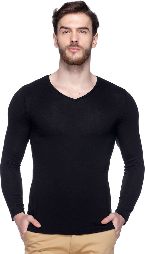 Tinted Solid Men V-neck Black T-Shirt 