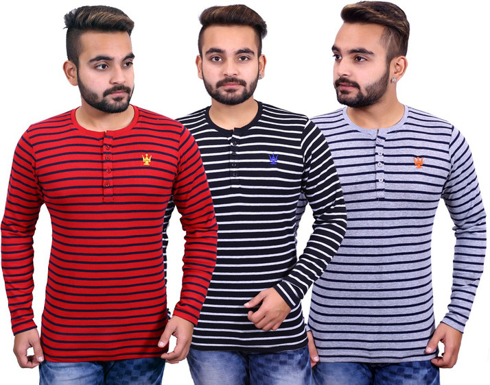 John Berg Striped Men Henley Red, Black 