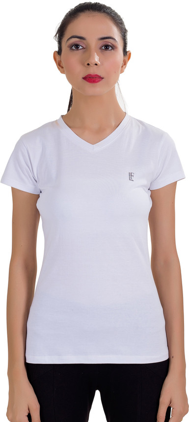 Solid Women V-neck White T-Shirt 