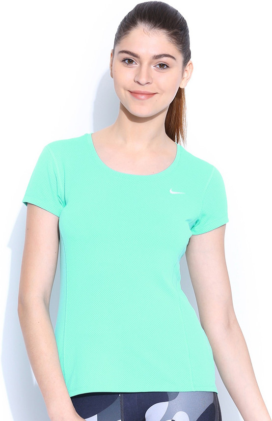 NIKE Solid Women Round Neck Green T 