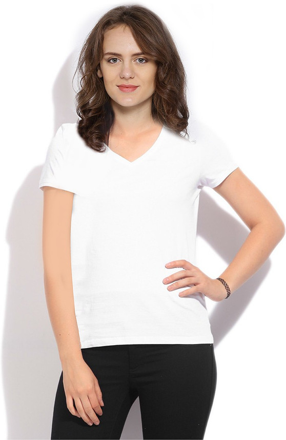 VEAKUPIA Solid Women V-neck White T 