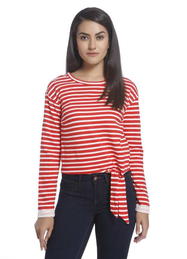 Casual Full Sleeve Striped Women Red 