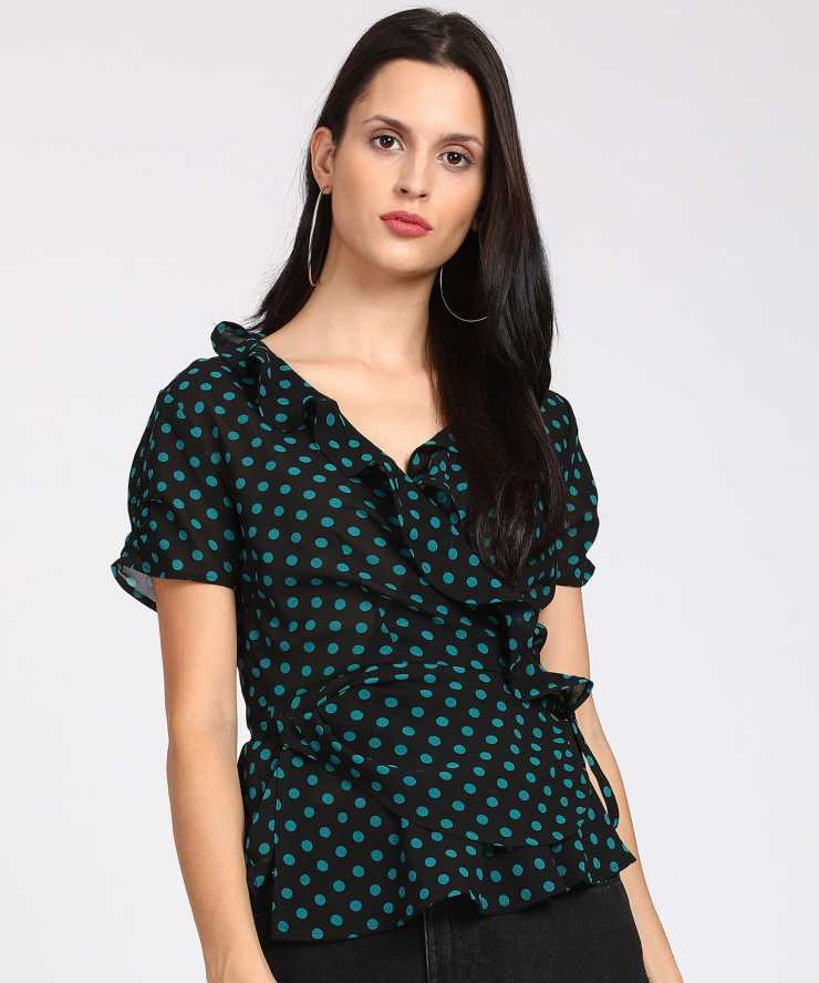 [Size L] MAX Casual Cap Sleeves Printed Women Black Top