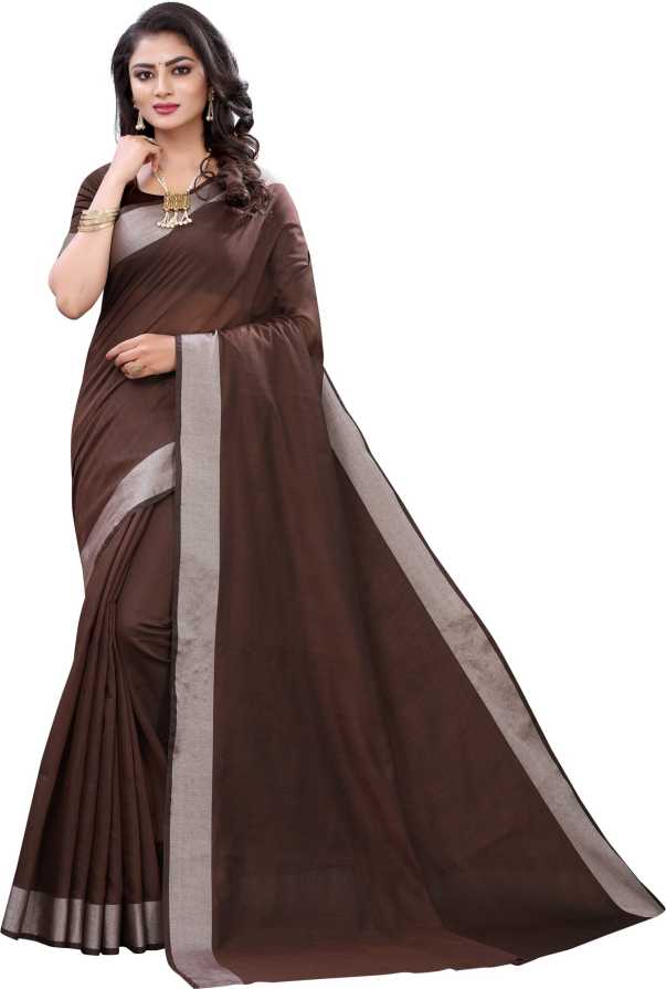 SAARA Solid, Plain, Woven, Embellished Banarasi Cotton Silk Saree  (Brown)