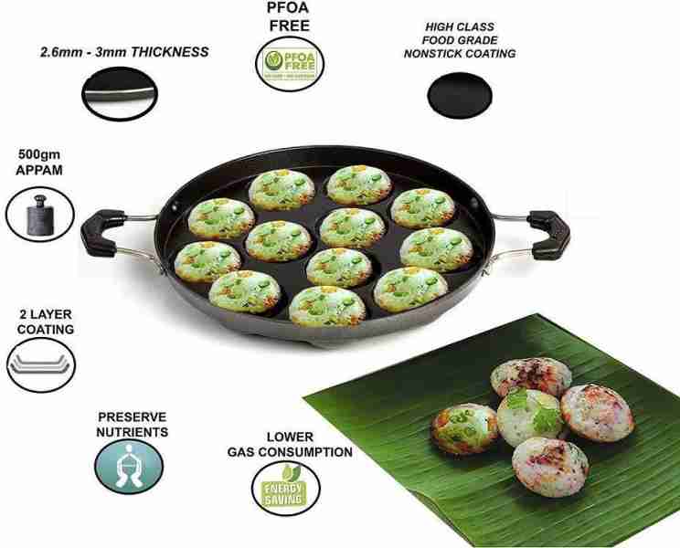 12 Cavities Non Stick Appam Patra with Lid and Side Handle ...