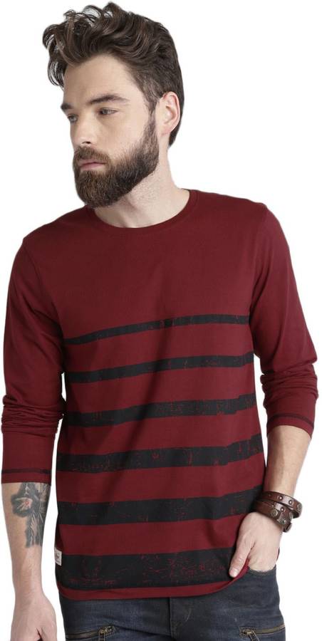 Striped Men Round or Crew Maroon, Black T-Shirt