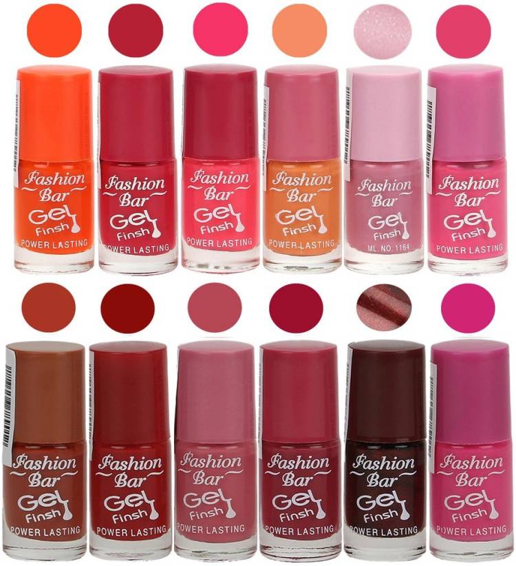 Fashion Bar Unique color Gel Nail Polish in Incredible Value (Pack of 12 Pcs) Briight Light Orange,Pink,Neon Pink,Peach,Shimmer Voilet,Rani Pink,Rich Brown,Brick Red,Pink,Deep Pink,Dark Coffee,Mazanta Price in India
