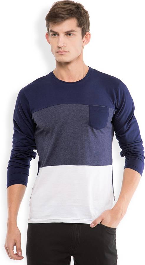 Solid Men Round Neck Dark Blue, White T-Shirt