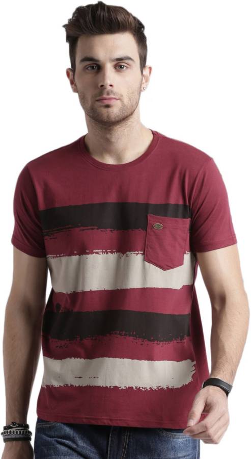 Striped Men Round or Crew Maroon, Black T-Shirt Price in India