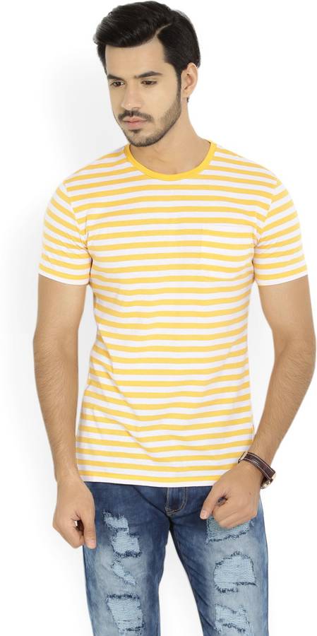 Striped Men Round Neck White, Yellow T-Shirt