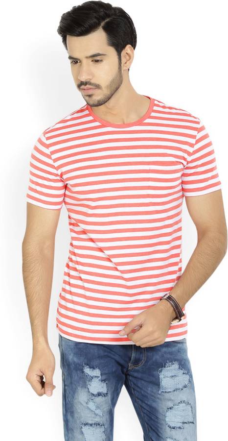 Striped Men Round or Crew White, Pink T-Shirt