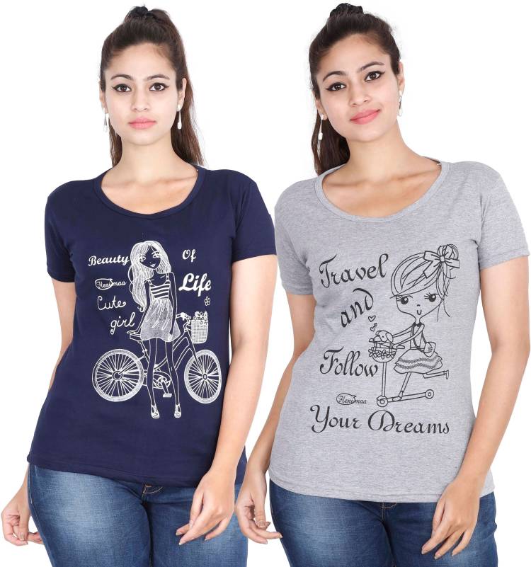Printed Women Round Neck Multicolor T-Shirt Price in India