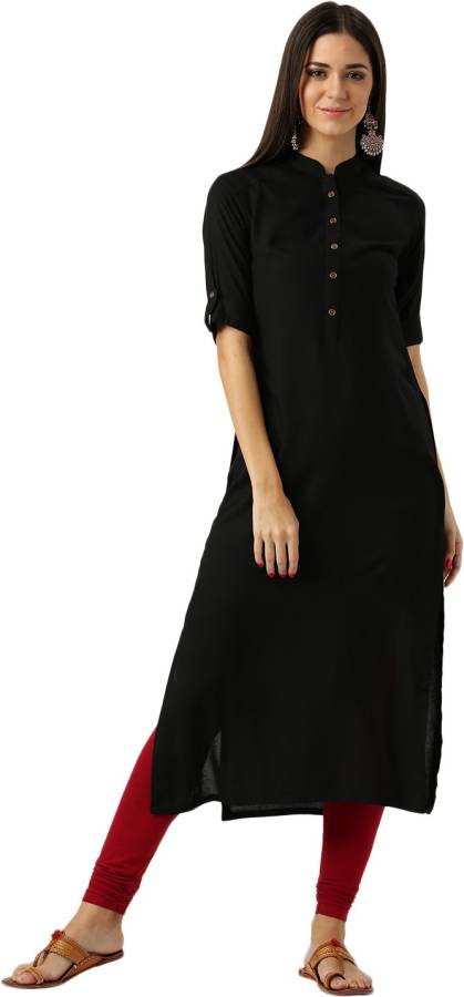 Women Solid Cotton Rayon Blend Straight Kurta Price in India