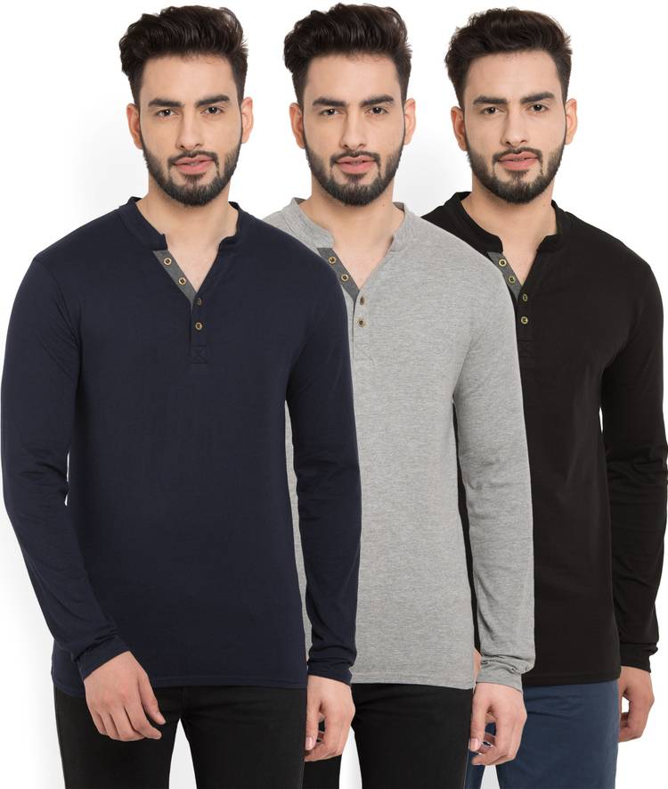 PerfectFit Solid Men Mandarin Collar Dark Blue, Grey, Black T-Shirt