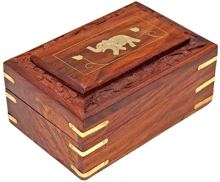 WoodCart Wooden H@ndmade Multi Purpose Box with One Elephant on Top - Frame Design 6 Inches Makeup, Jewellery & other Utility Vanity Box Price in India