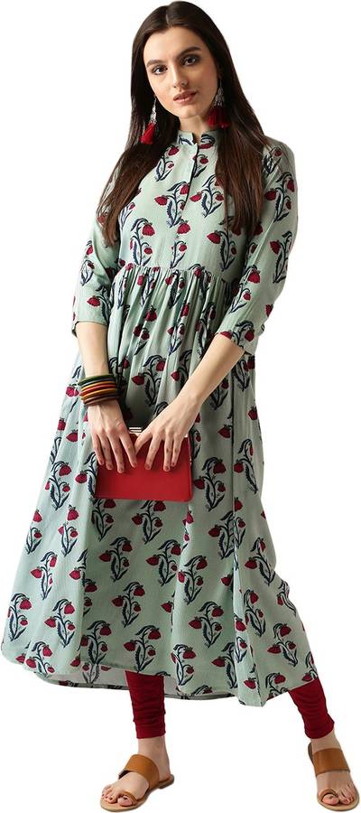 Women Floral Print Cotton Rayon Blend Anarkali Kurta