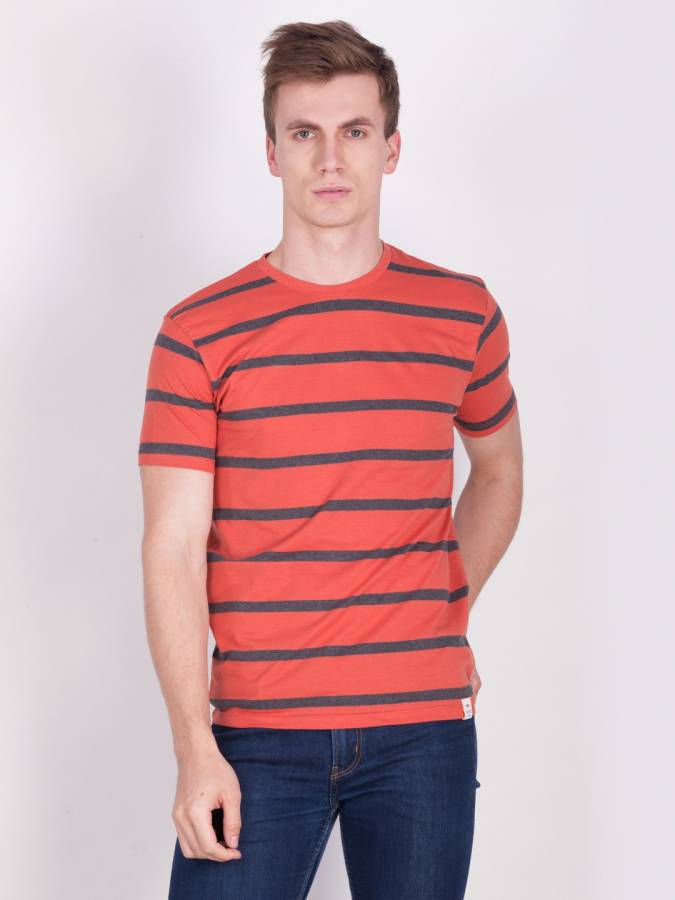 Broad Stripes Men Round or Crew Orange, Grey T-Shirt Price in India
